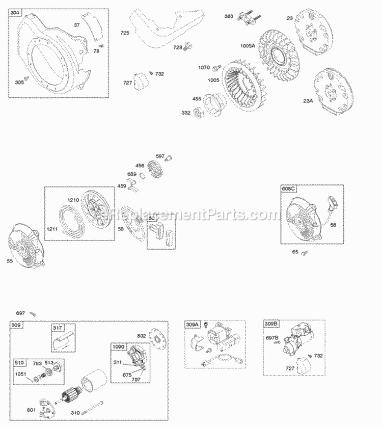 Blower Housing Electric Starter Flywheel Rewind Starter Diagram and Parts List for 12T412-0110-F8  Briggs and Stratton Engine
